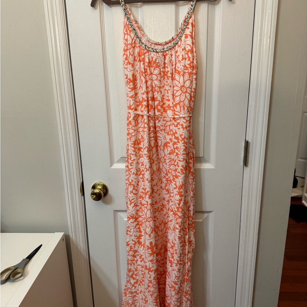 Fab’rik Cotton Blend Bohemian Maxi Rope Halter Tank Flowy Orange Cream Floral - Picture 6 of 8